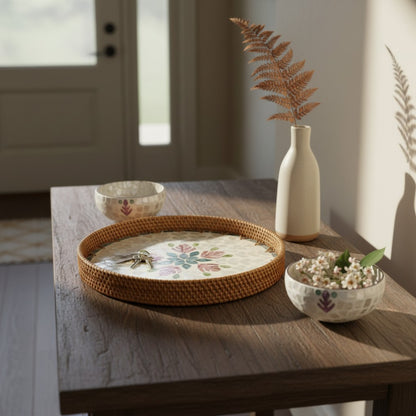 Blush Leaf tray and coconut bowl set styled on a console table with vase and home decor accents