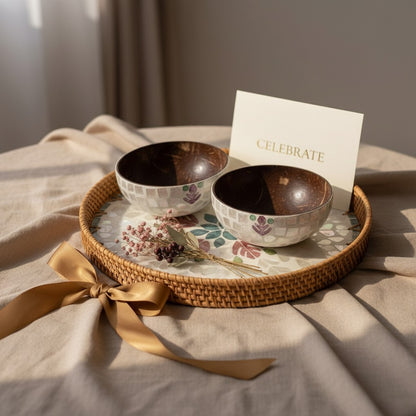 Blush Leaf tray and coconut bowl gift set styled with ribbon and celebration card