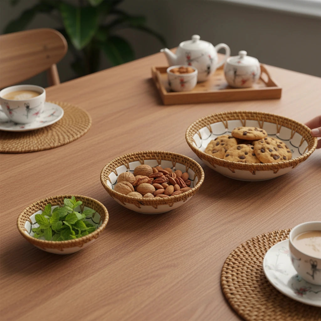 Dragonfly drift ceramic bowl set with rattan rim on a wooden centre table, used for snacks and dips, mixed sizes
