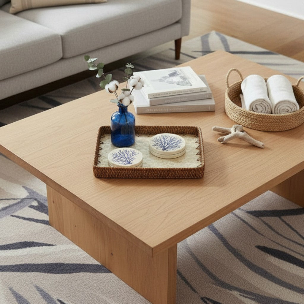 Coffee table vignette with mother-of-pearl rattan tray holding decor accents