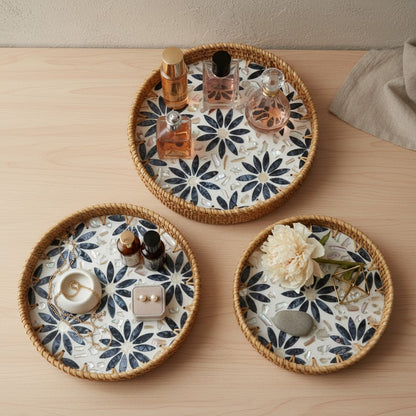 Dark Daisy Round Tray Set – 3 Piece