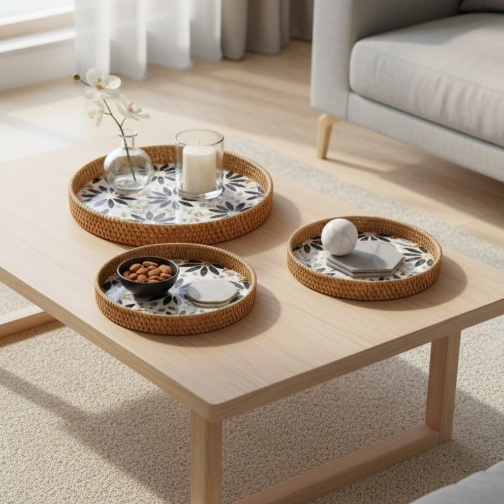 Dark Daisy Round Tray Set – 3 Piece