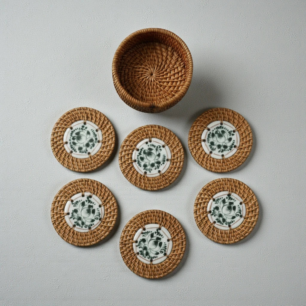 Dark Lotus rattan coaster set — 6 ceramic coasters with handwoven rattan rim and matching holder