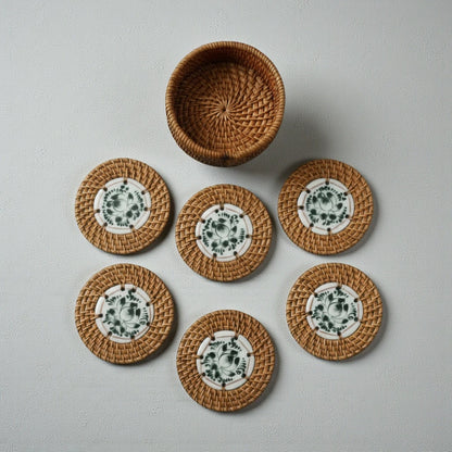 Dark Lotus rattan coaster set — 6 ceramic coasters with handwoven rattan rim and matching holder