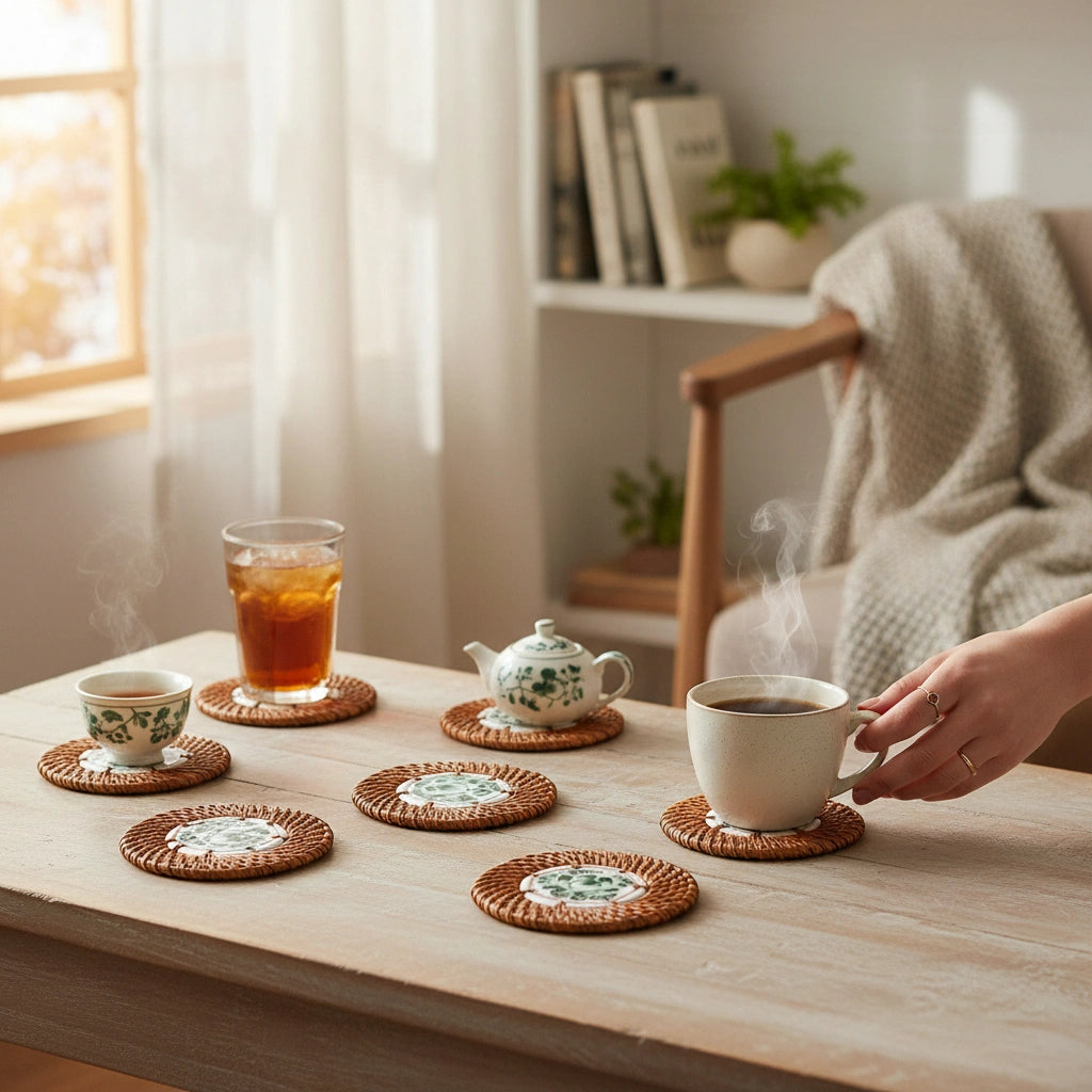 Dark Lotus ceramic rattan coasters styled on a coffee table — lotus motif in deep green