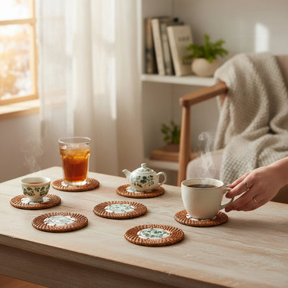 Dark Lotus ceramic rattan coasters styled on a coffee table — lotus motif in deep green