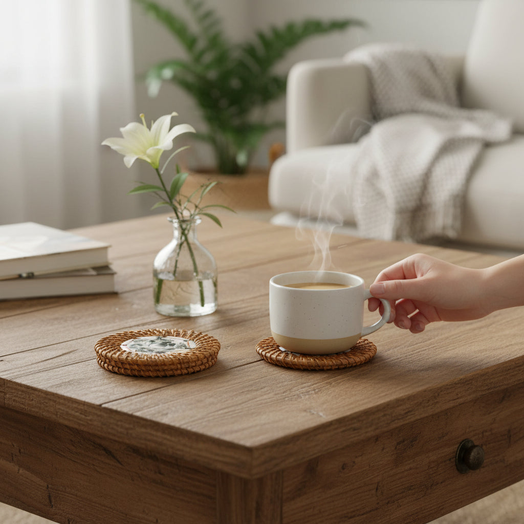 Dark Lotus rattan coasters in use on a table — warm woven texture with ceramic top