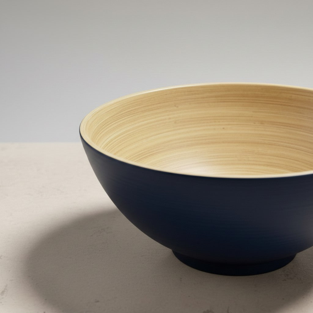 Deep Blue Aura Spun Bamboo Serving Bowl with natural bamboo interior