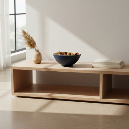 Deep Blue spun bamboo bowl styled on an open shelf in a neutral home setting