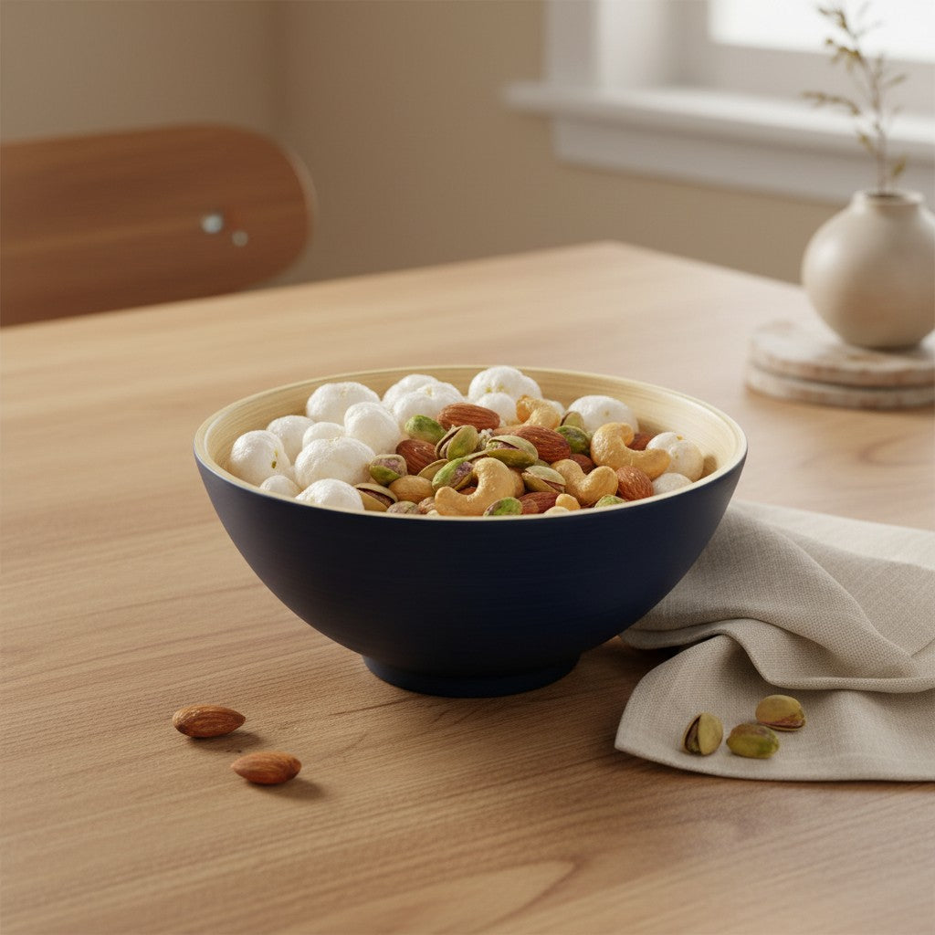 Deep Blue spun bamboo serving bowl styled with dry snacks on a coffee table