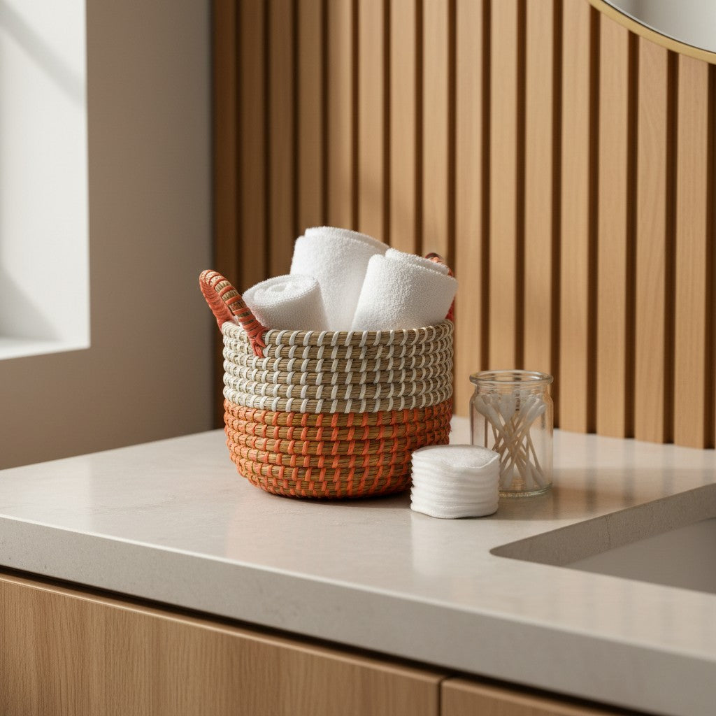 Ember Weave Multipurpose Basket styled with rolled towels as a bathroom organiser