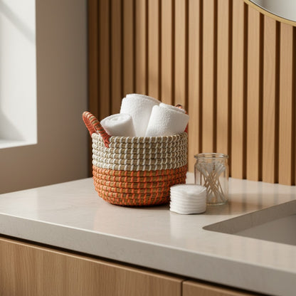 Ember Weave Multipurpose Basket styled with rolled towels as a bathroom organiser