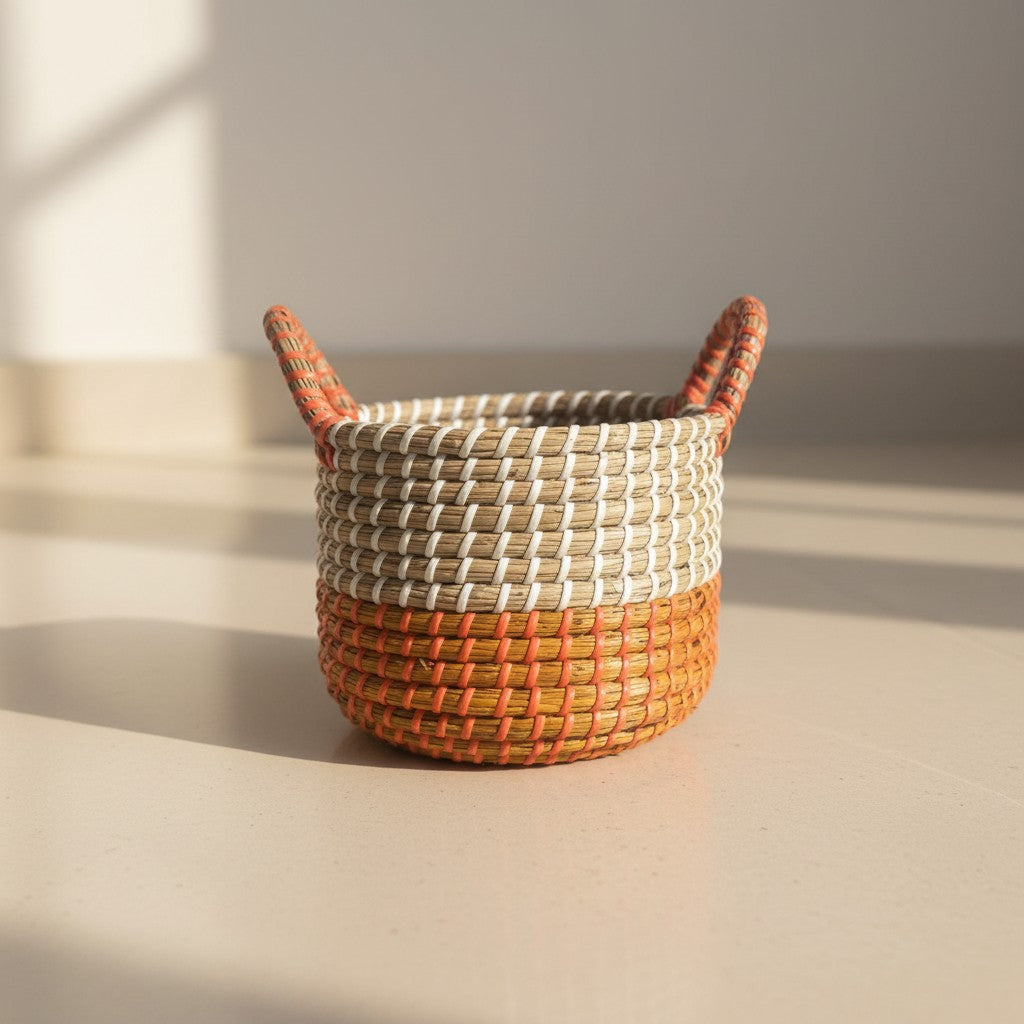 Ember Weave Multipurpose Basket in handwoven seagrass with ivory detailing and warm ember accents