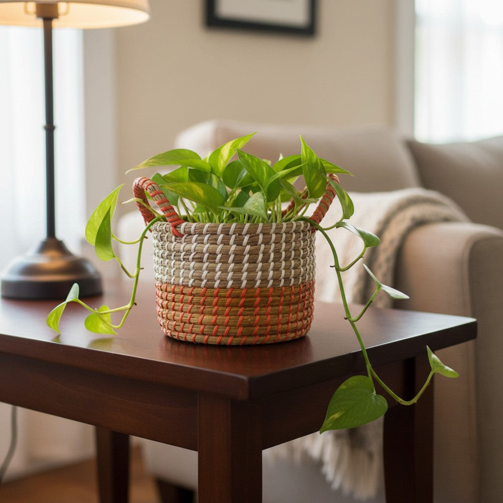 Ember Weave Multipurpose Basket used as a decorative planter cover with a trailing indoor plant