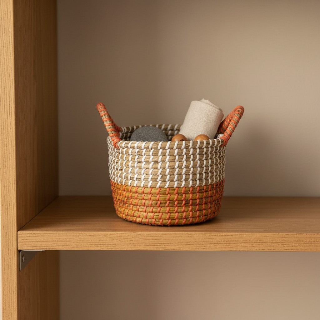 Ember Weave Multipurpose Basket styled on an open shelf as a decorative storage basket