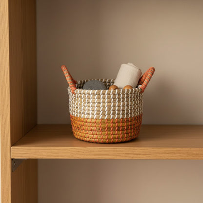 Ember Weave Multipurpose Basket styled on an open shelf as a decorative storage basket