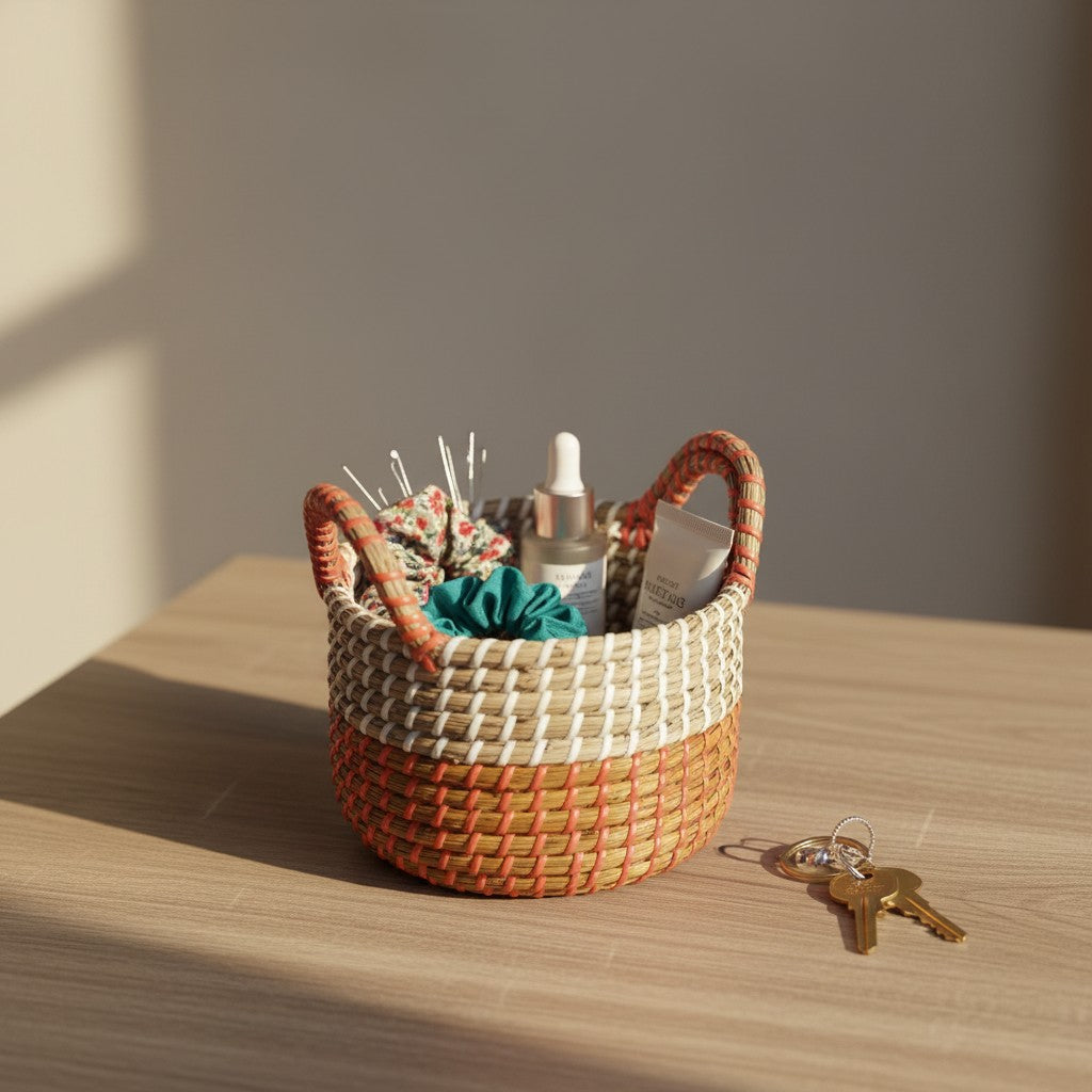 Ember Weave Multipurpose Basket styled on a tabletop with small everyday accessories