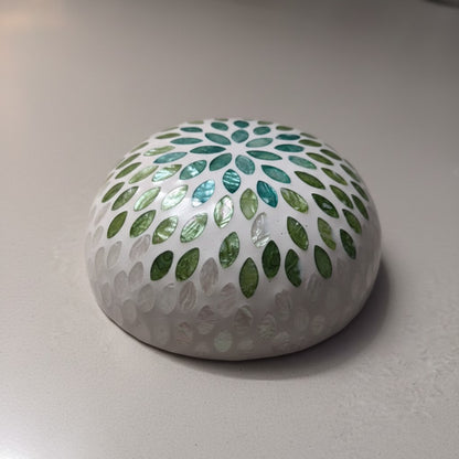 Close-up of Emerald Petal Coconut Bowl with aqua green mother-of-pearl floral inlay