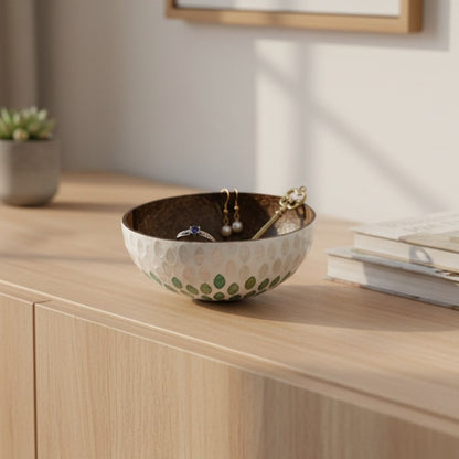 Emerald Petal Coconut Bowl styled with flowers and soft home decor accents