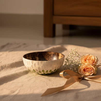 Emerald Petal Coconut Bowl styled as a handcrafted gift with flowers and ribbon