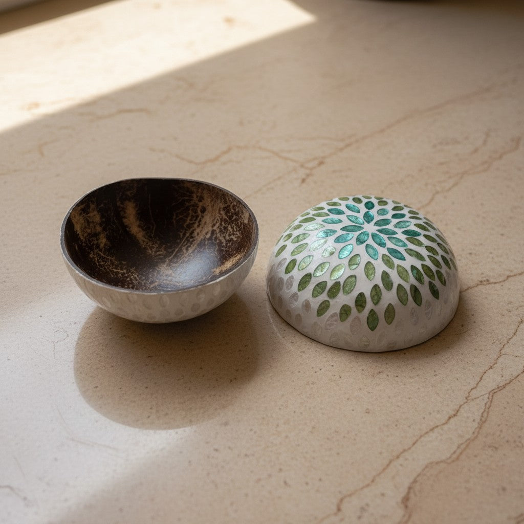 Emerald Petal Coconut Bowl set of 2 with natural coconut shell interior and mother-of-pearl exterior