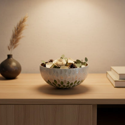 Emerald Petal Coconut Bowl styled as a decorative accent on a wooden console