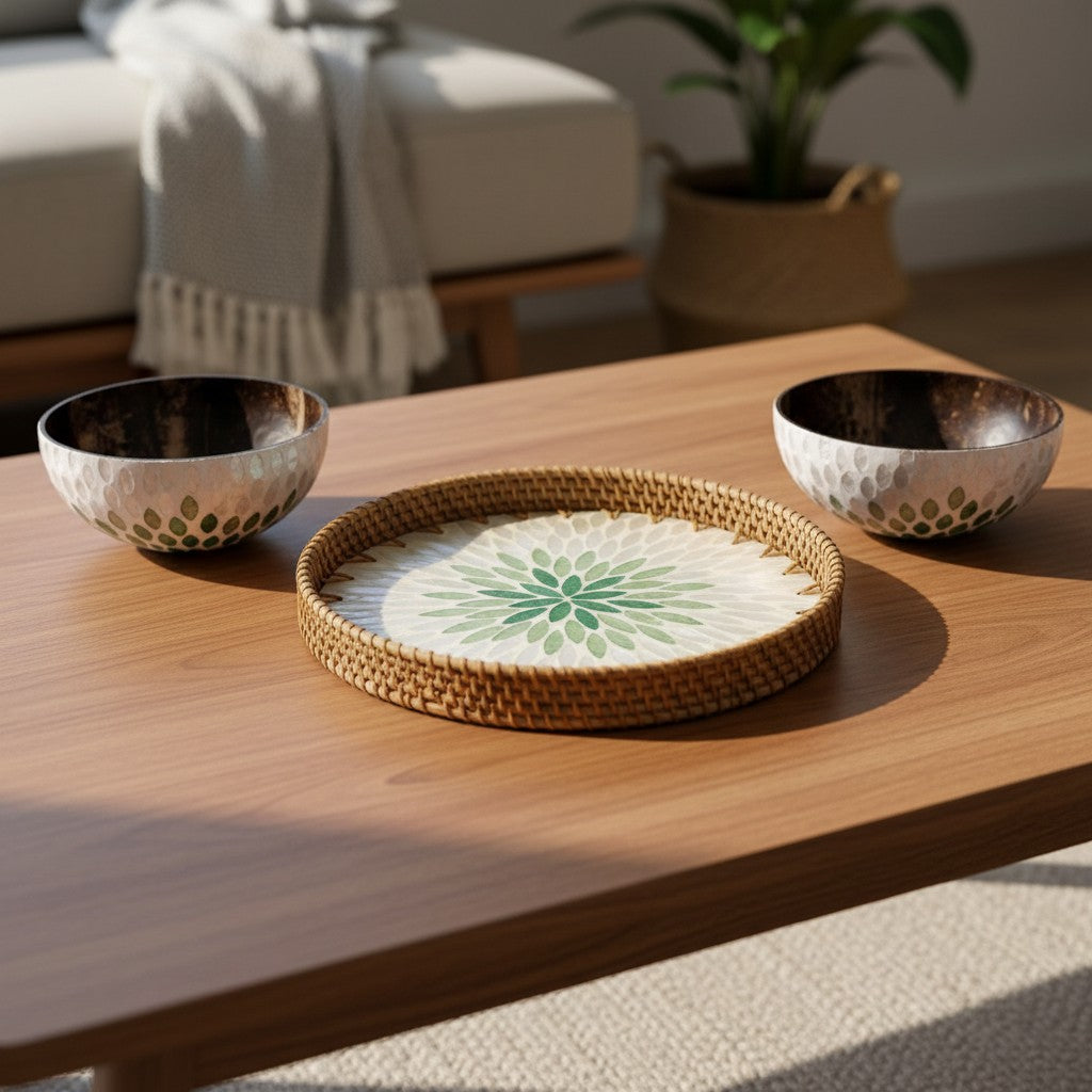 Emerald Petal tray and coconut bowls styled on a wooden coffee table
