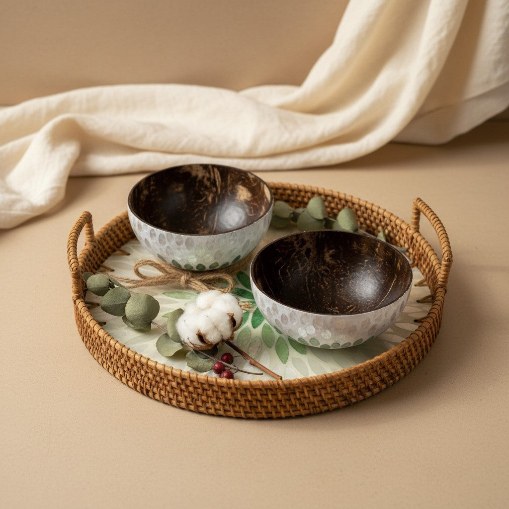 Gift-ready mother-of-pearl tray and coconut bowl set with handwoven rattan rim