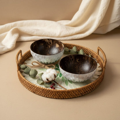 Gift-ready mother-of-pearl tray and coconut bowl set with handwoven rattan rim