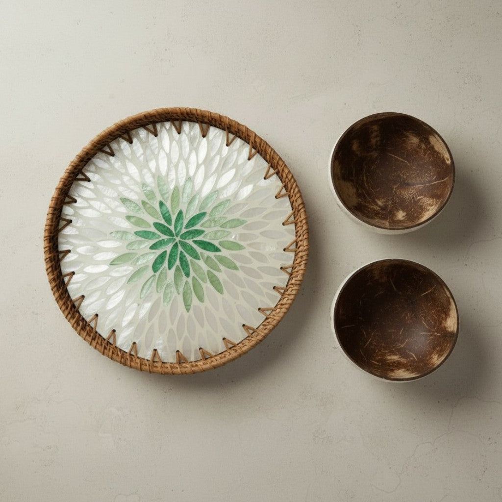 Emerald Petal mother-of-pearl tray with two matching coconut bowls as a 3-piece table styling set