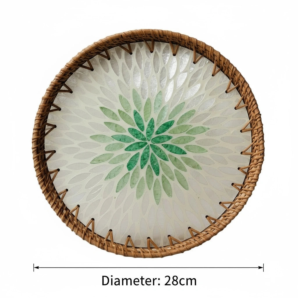 Round mother-of-pearl tray top view — 28 cm diameter with measurement overlay