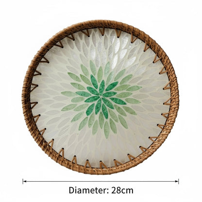 Round mother-of-pearl tray top view — 28 cm diameter with measurement overlay