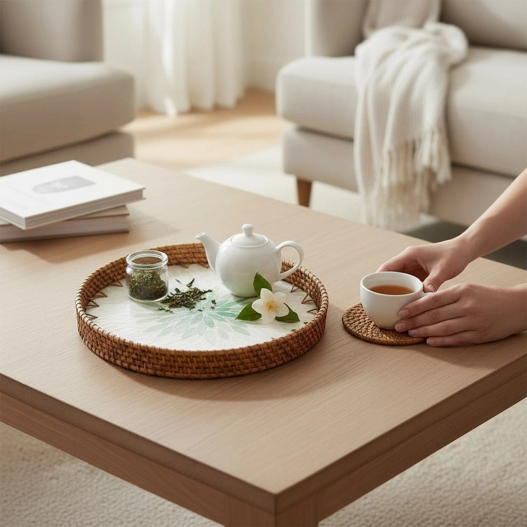 Mother-of-pearl rattan tray on a living-room coffee table with tea set — lifestyle styling