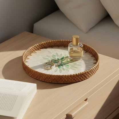Emerald Petal decorative tray on bedside table with perfume bottle