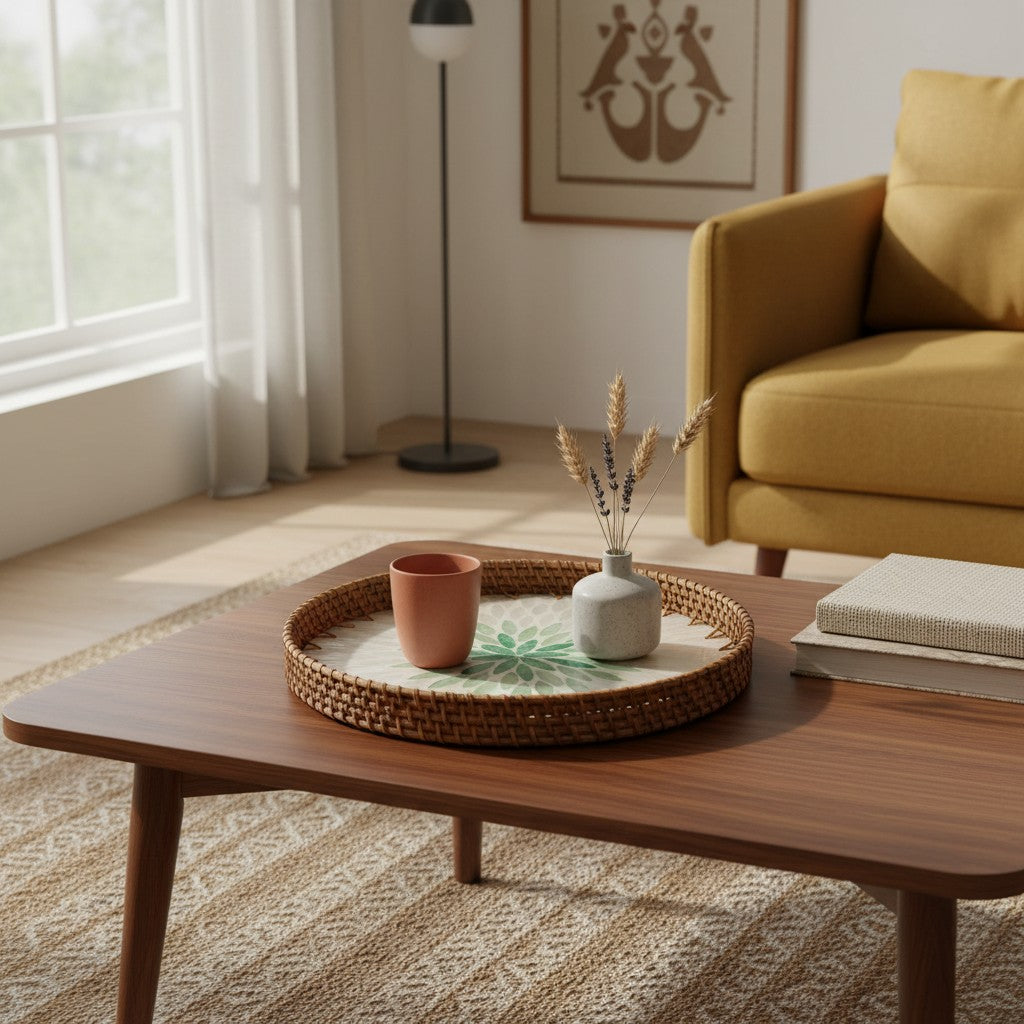 Round mother-of-pearl tray styled on living room coffee table