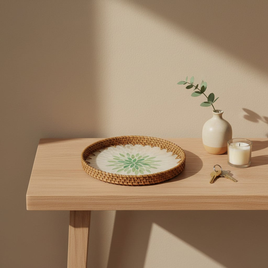 Emerald Petal tray displayed on console table with vase and decor accents