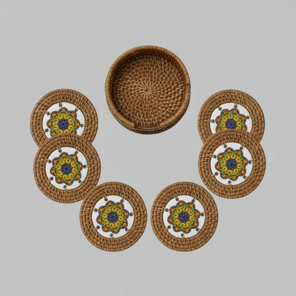 Golden Orbit rattan coaster set with holder, 6 ceramic coasters, flat lay
