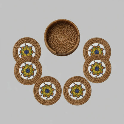 Golden Orbit rattan coaster set with holder, 6 ceramic coasters, flat lay