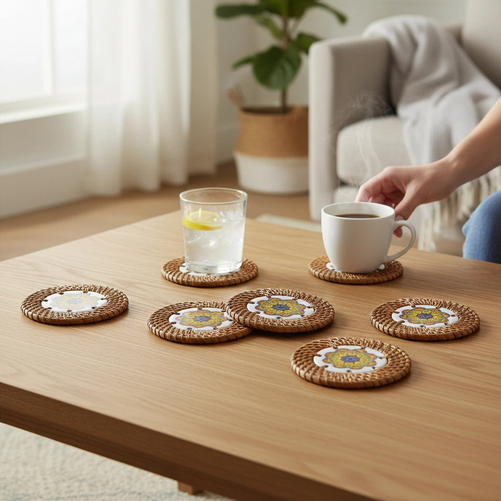 Golden Orbit coasters on coffee table with cups, lifestyle