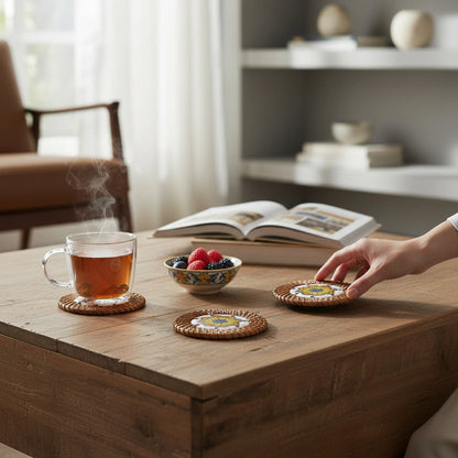 Golden Orbit coasters styled on wooden table with chai/coffee, lifestyle