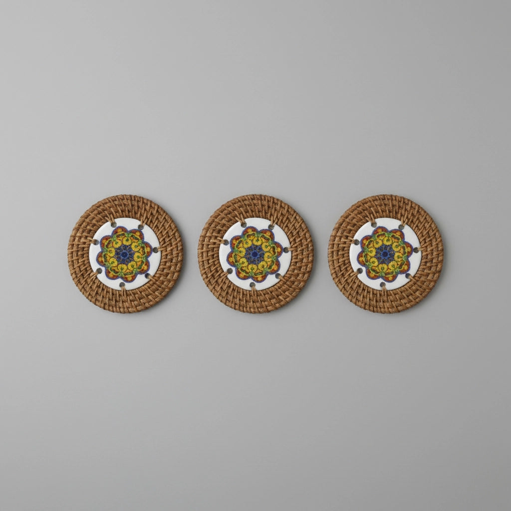 Golden Orbit rattan coasters set of 3, ceramic mandala design, grey background