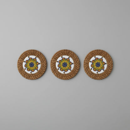 Golden Orbit rattan coasters set of 3, ceramic mandala design, grey background