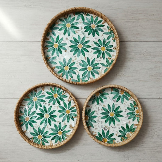 Green Daisy Round Tray Set – 3 Piece