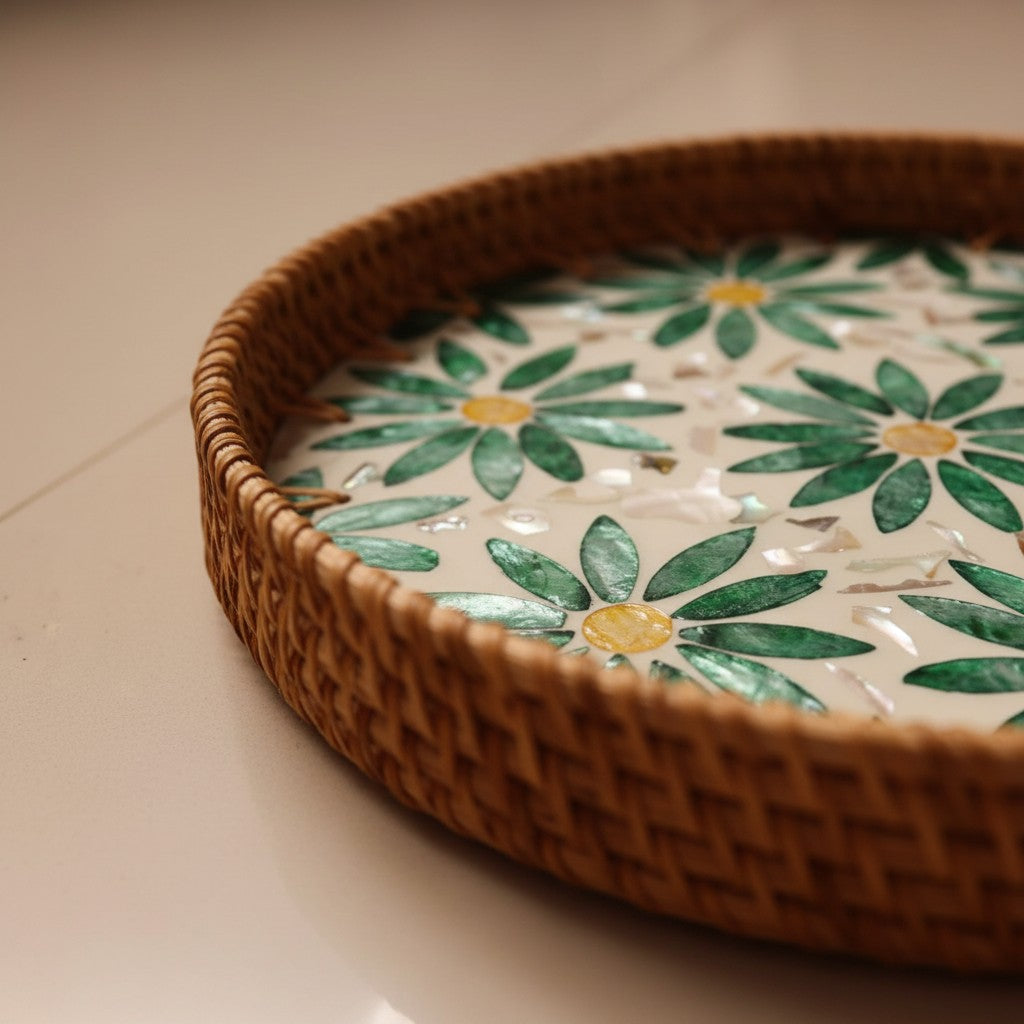 Green Daisy Round Tray Set – 3 Piece