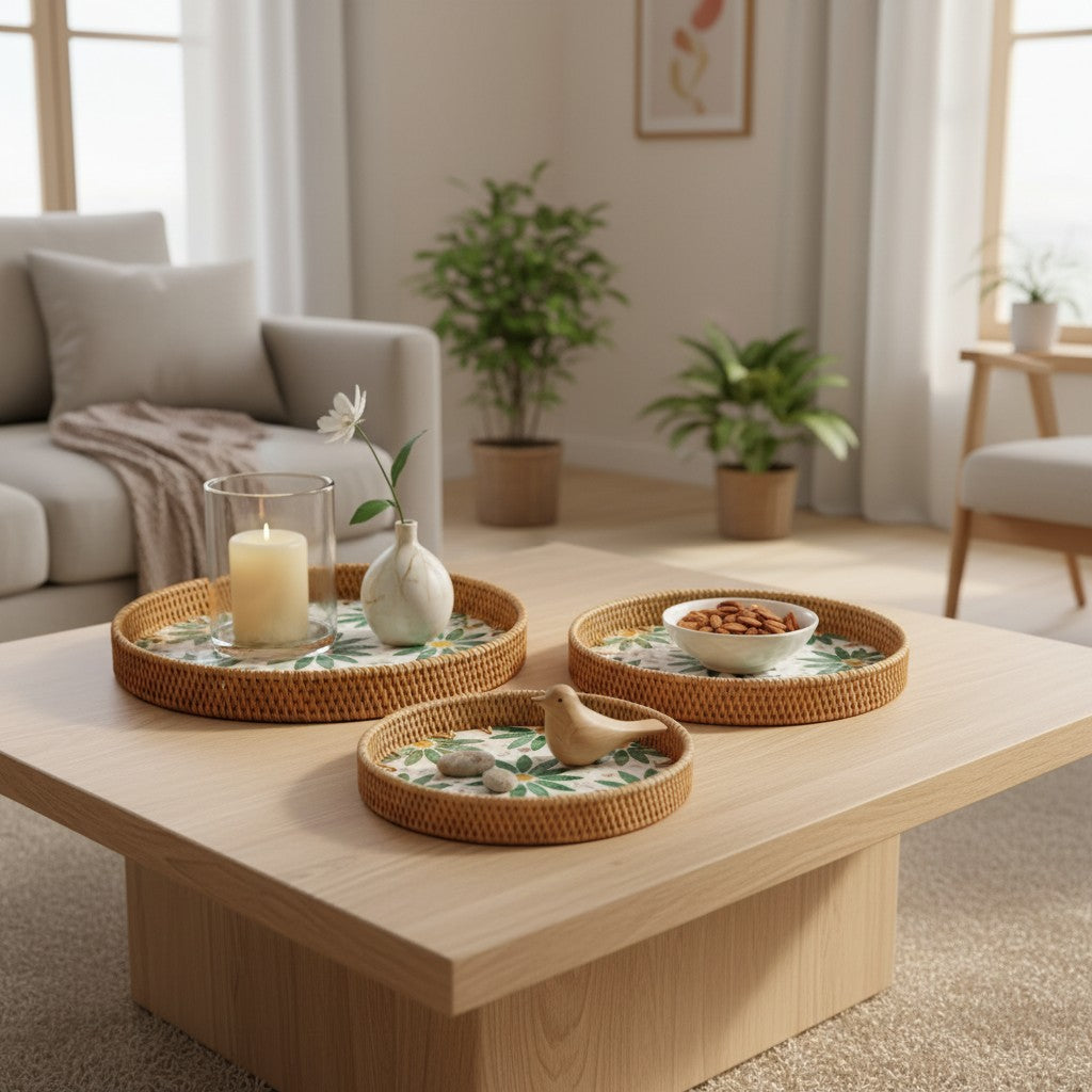 Green Daisy Round Tray Set – 3 Piece