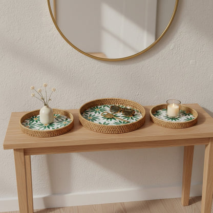 Green Daisy Round Tray Set – 3 Piece
