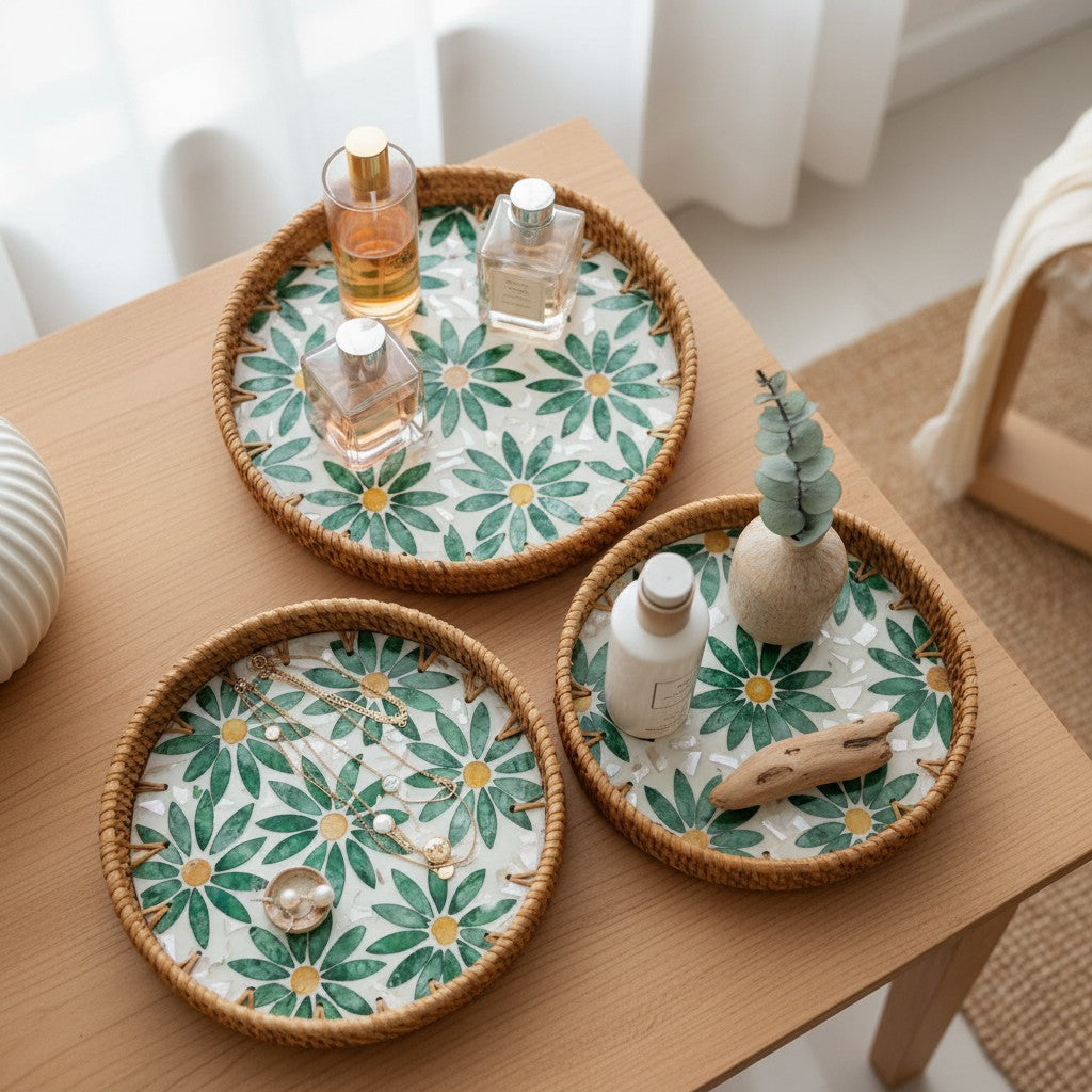 Green Daisy Round Tray Set – 3 Piece