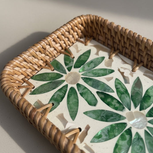Close-up of Green Daisy Vanity Tray showing green floral mother-of-pearl inlay and hand-woven rattan border