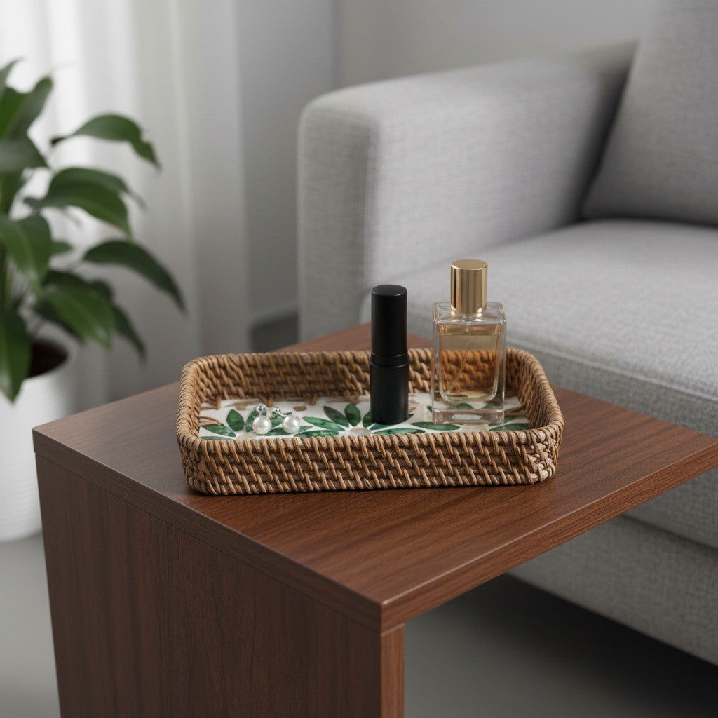 Green Daisy Vanity Tray styled with perfume and beauty essentials on a side table