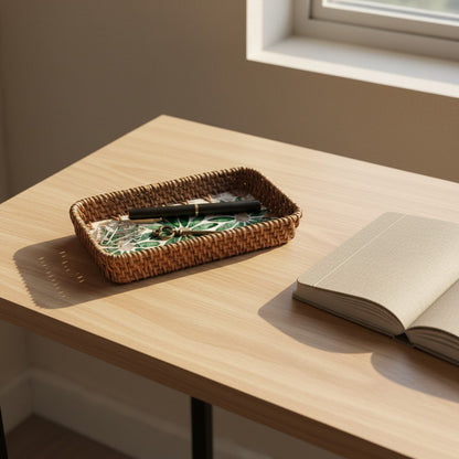 Green Daisy Vanity Tray styled on a desk beside an open book in a soft natural-light setting